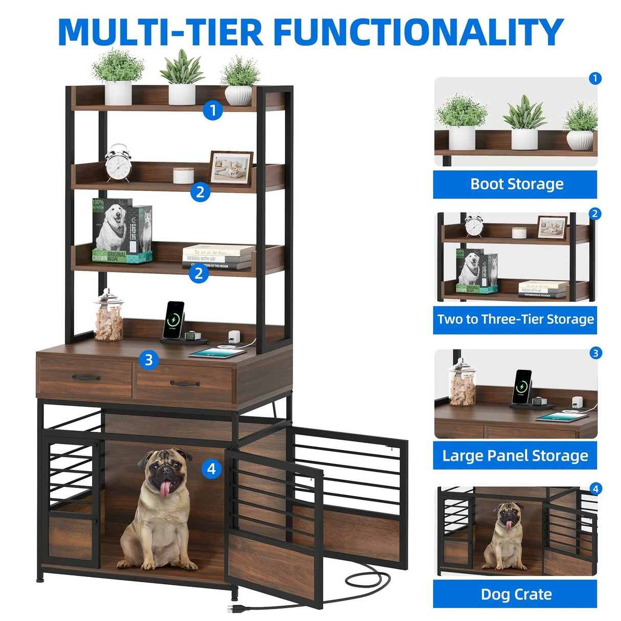 Heavy Duty Pet Cat Dog Crate Furniture with 4 Storage Shelves and 2 Drawers & Charging Station, Cat Litter Box Enclosure Dog Kennel Indoor Furniture - Brown