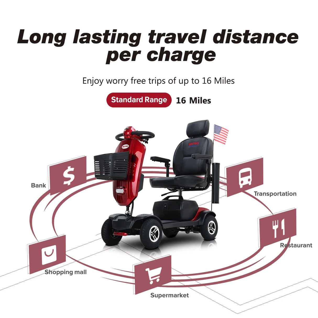 Red Outdoor Compact Metal Mobility Scooter With USB Charger - Omega Lifestyles