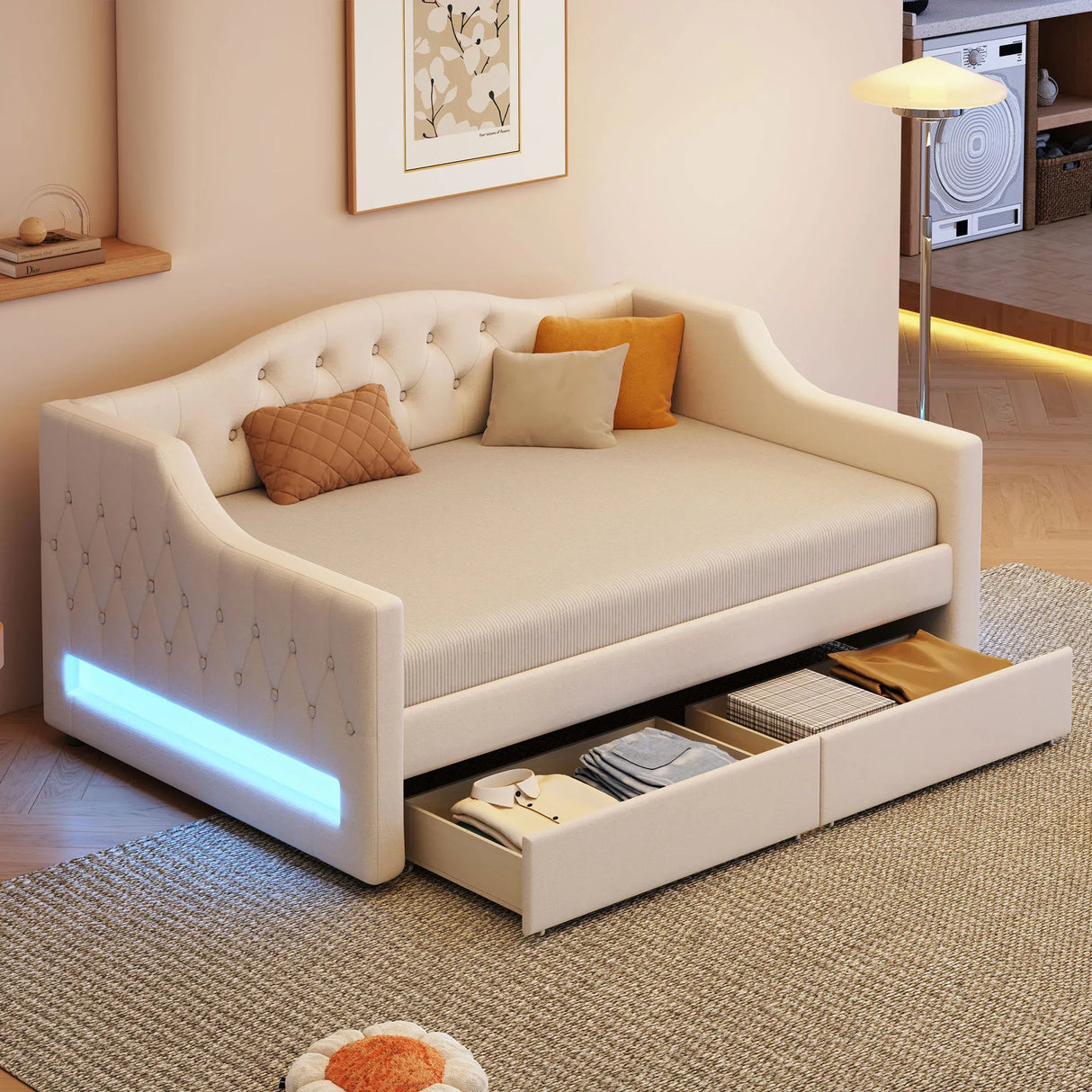 Twin XL Linen Upholstered Daybed With LED Lighting And Drawers - Omega Lifestyles
