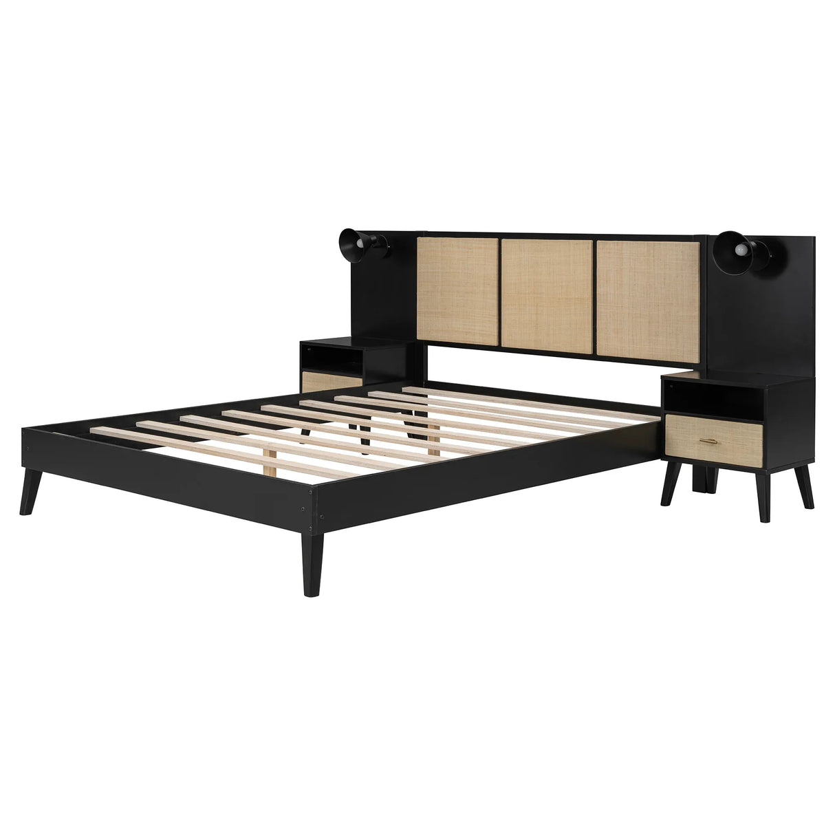 Queen Solid Wood Platform Bed Frame With Nightstands And Lamps - Omega Lifestyles