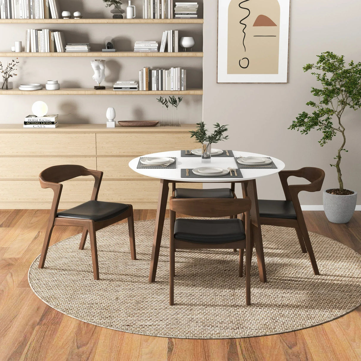 Solid Wood White Dining Table And 4 Walnut Chairs Set - Omega Lifestyles