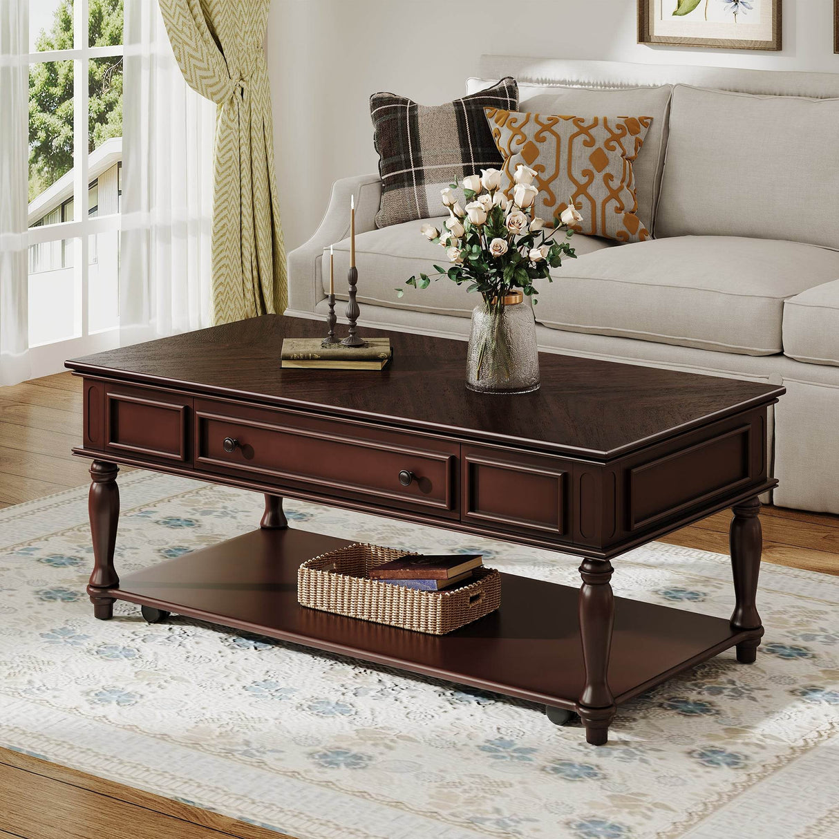 Retro Farmhouse Coffee Table With Drawer And Wheels - Sleep Galleria
