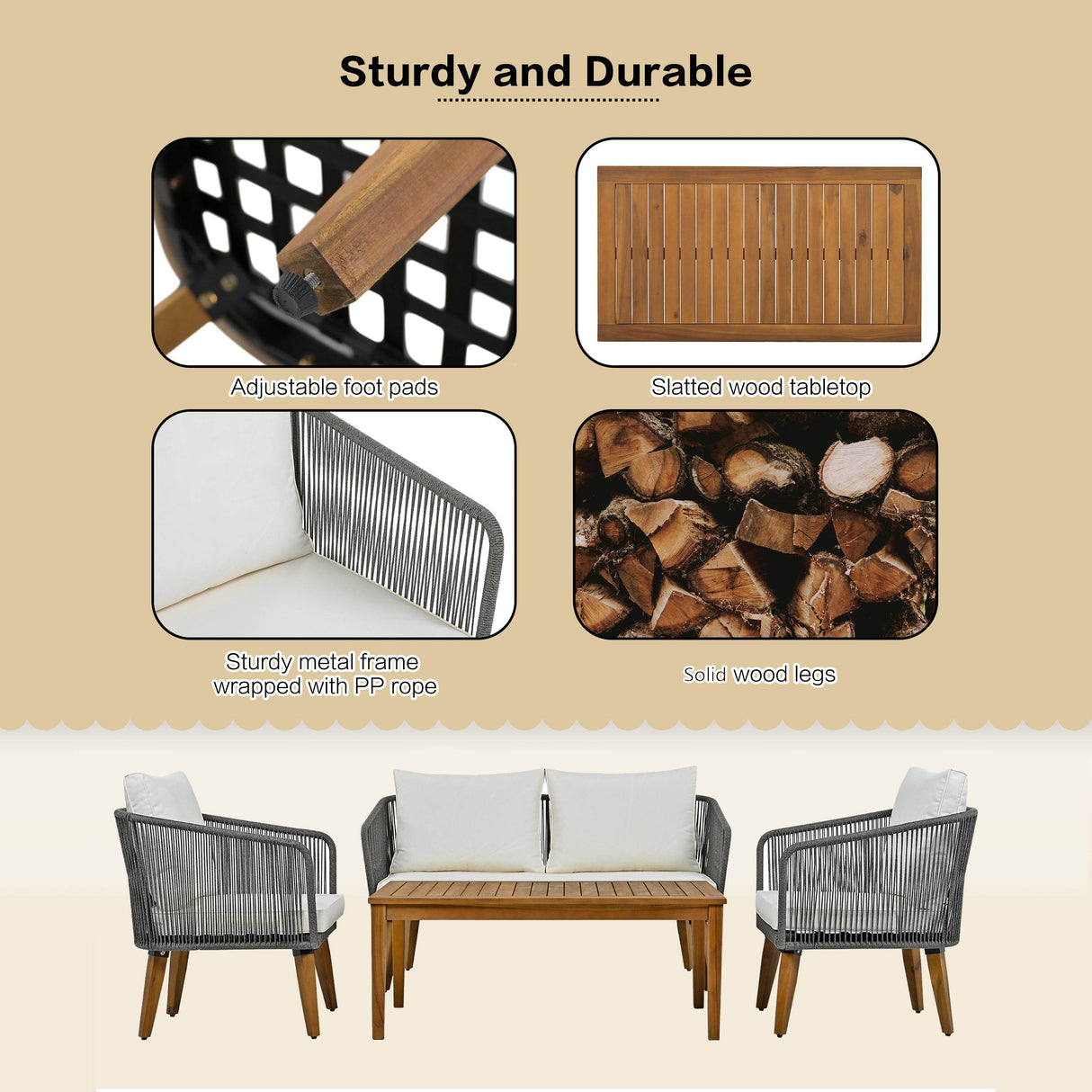 4-Piece Mid-Century Modern Woven Rope Patio Furniture Set - Omega Lifestyles