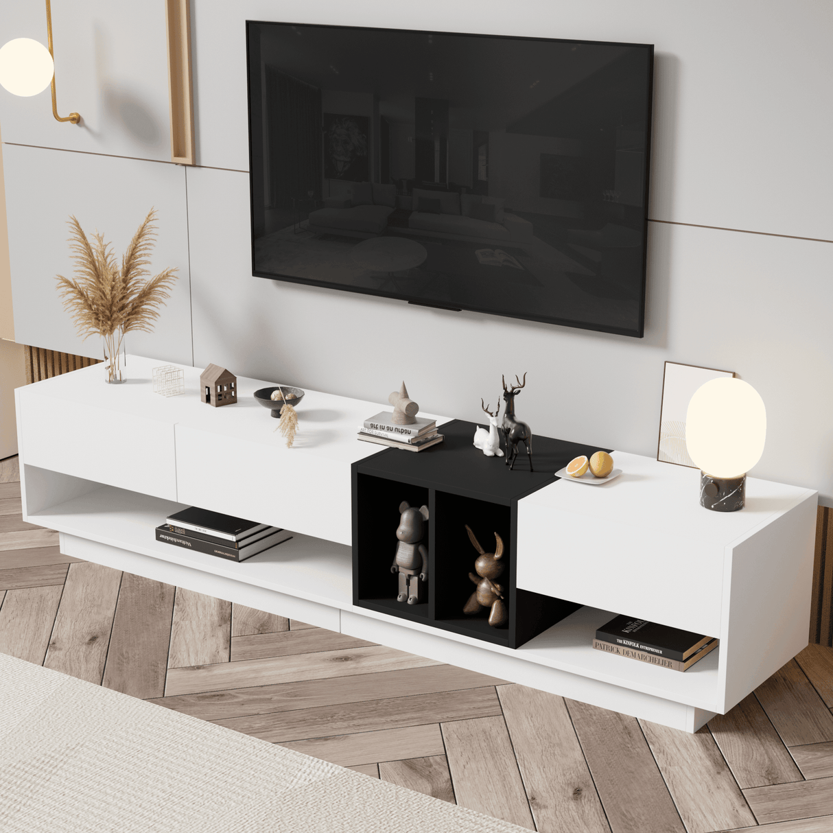 Two-Tone Particle Board White TV Stand With Storage - Sleep Galleria