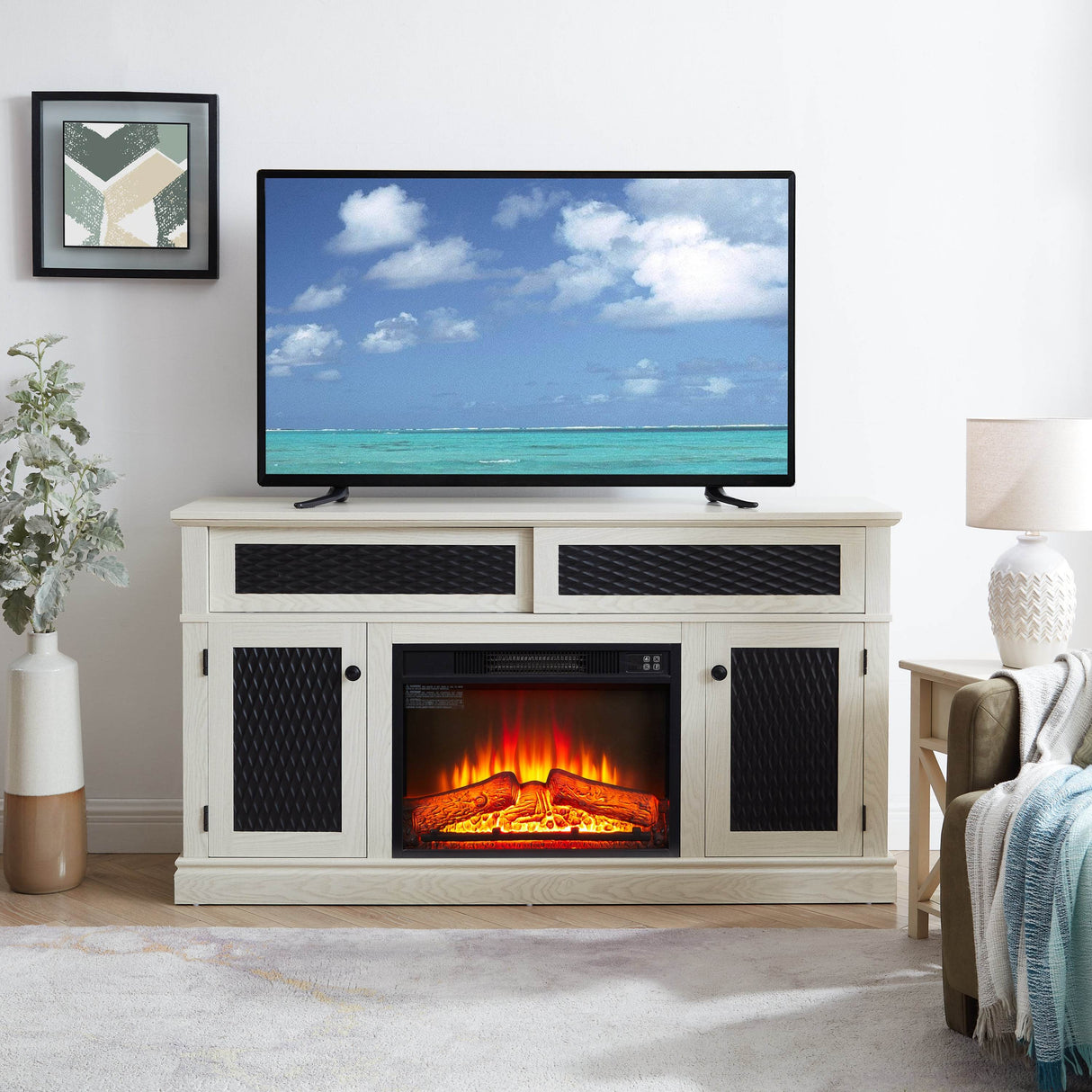 Embossed Oak Fireplace TV Stand With Storage - Sleep Galleria