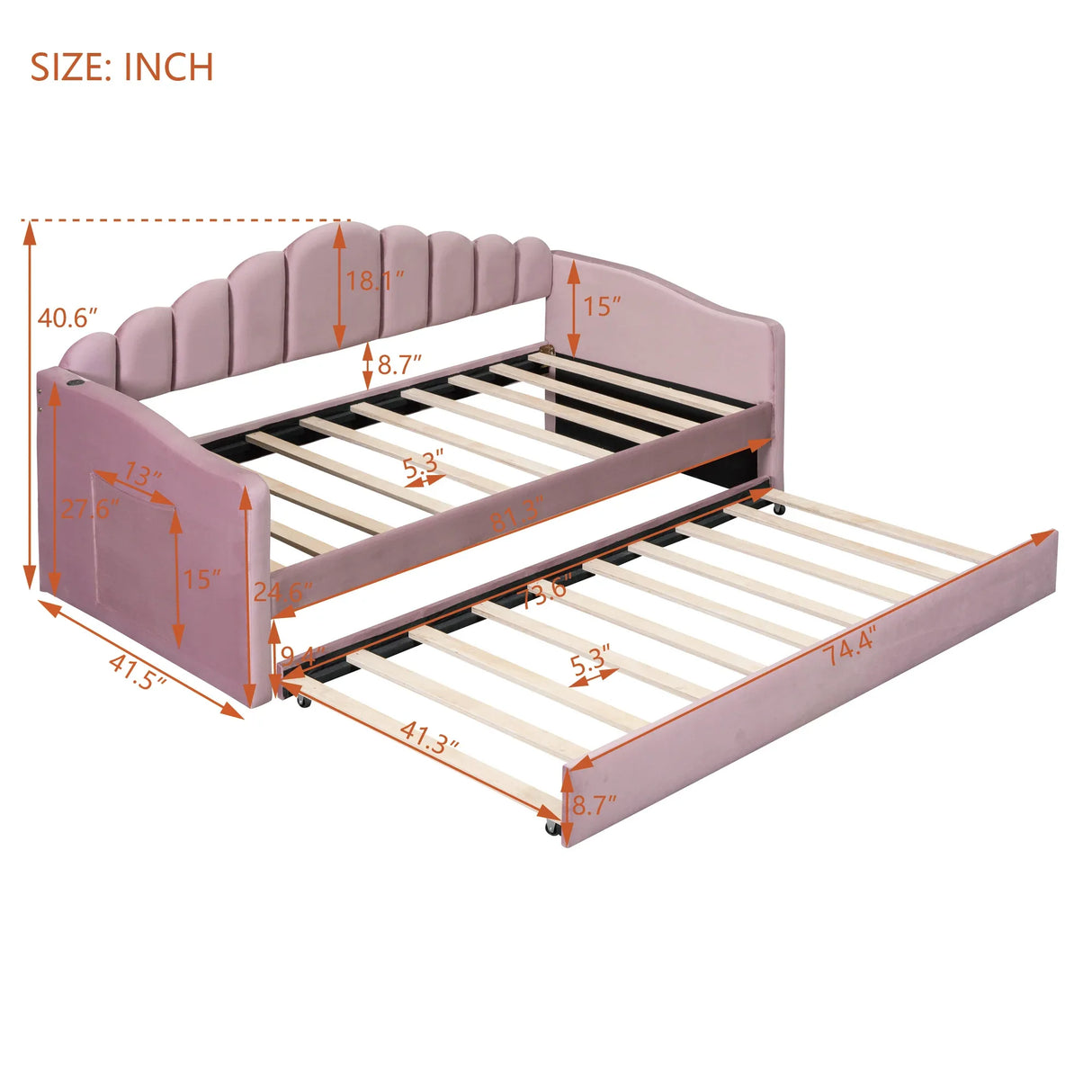 Twin Velvet Upholstered Daybed With Trundle USB Ports - Omega Lifestyles