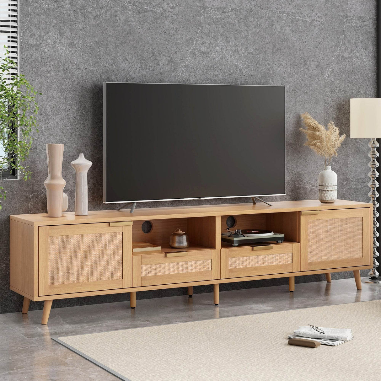 Modern Rattan TV Stand With Storage Cabinets - Sleep Galleria