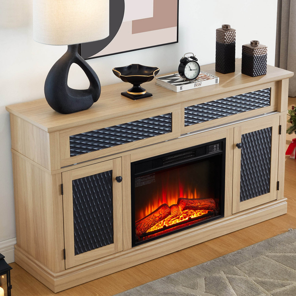 Embossed Light Oak Fireplace TV Stand Console - Sleep Galleria
