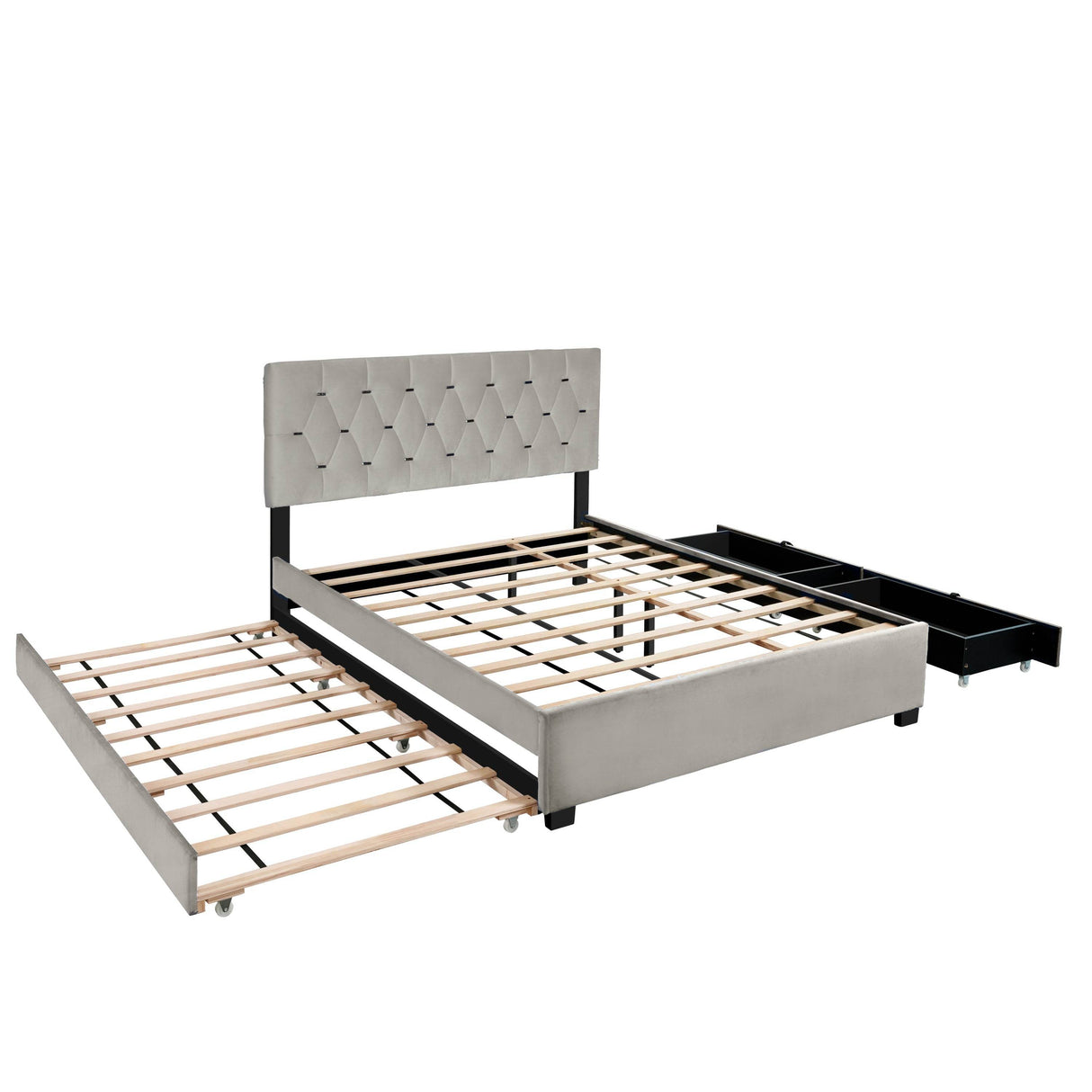 Modern Gray Upholstered Queen Trundle Bed With Storage Drawers