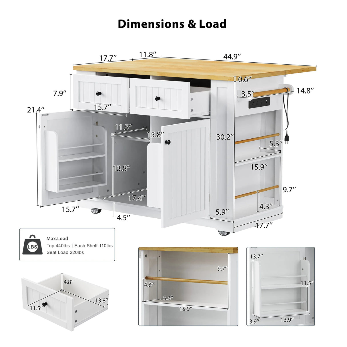 Rolling Kitchen Island Cart With Drop Leaf And Power Outlet - Omega Lifestyles