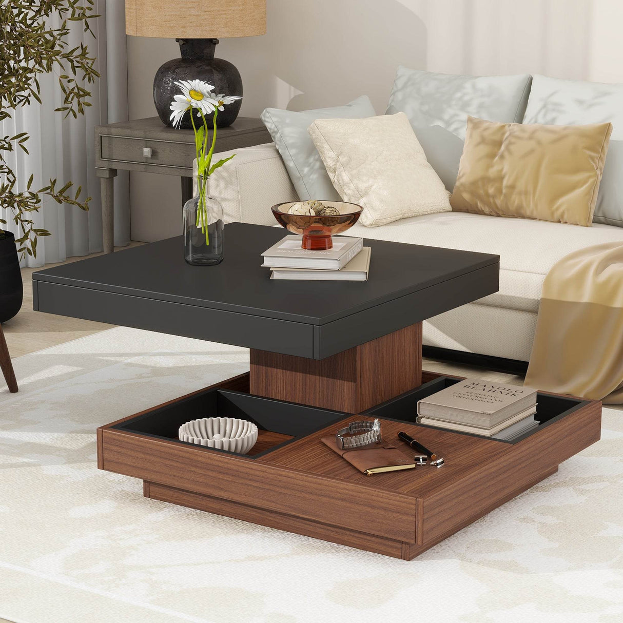Modern Square 360° Rotating Black Walnut Coffee Table - Sleep Galleria