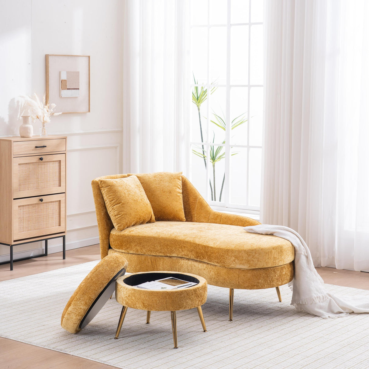 Yellow Chenille Recliner Sofa With Lumbar Pillow And Footstool