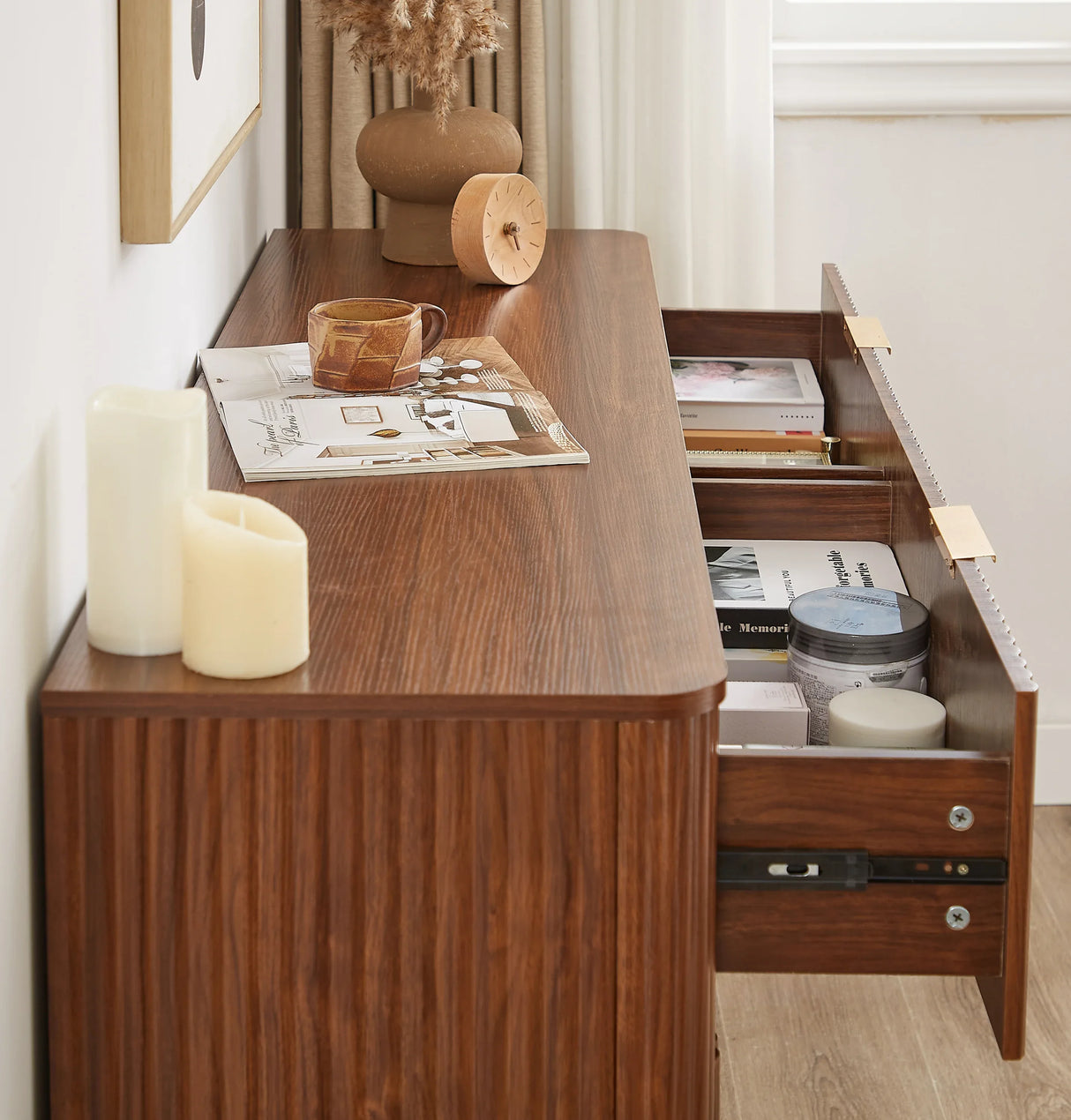 Modern Walnut 6-Drawer Dresser With Wave Design - Omega Lifestyles