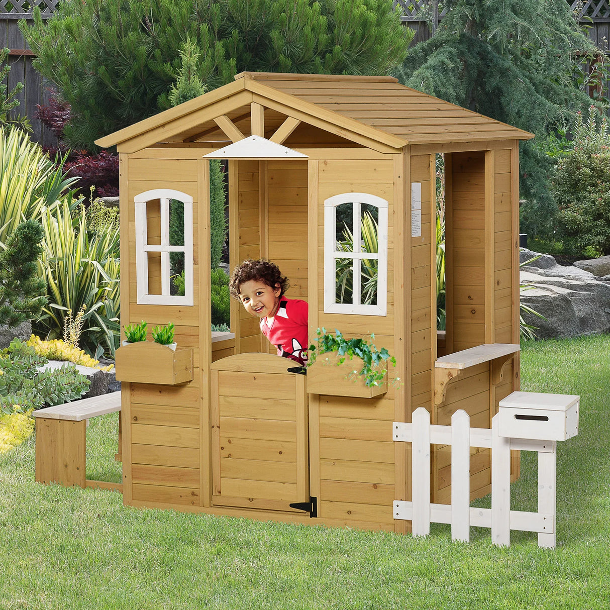Kids Outdoor Wooden Playhouse With Door Windows Mailbox - Omega Lifestyles