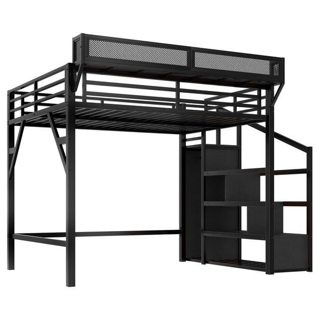 Queen Metal Loft Bed With Storage Stairs USB LED Lighting - Omega Lifestyles