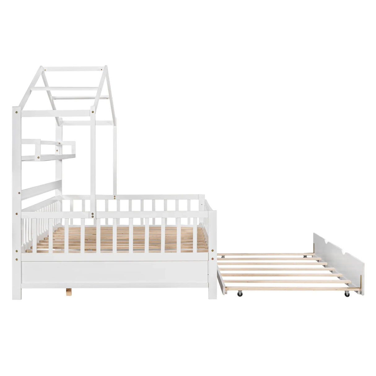 Full Size Wooden House Bed With Twin Trundle And Shelves - Omega Lifestyles