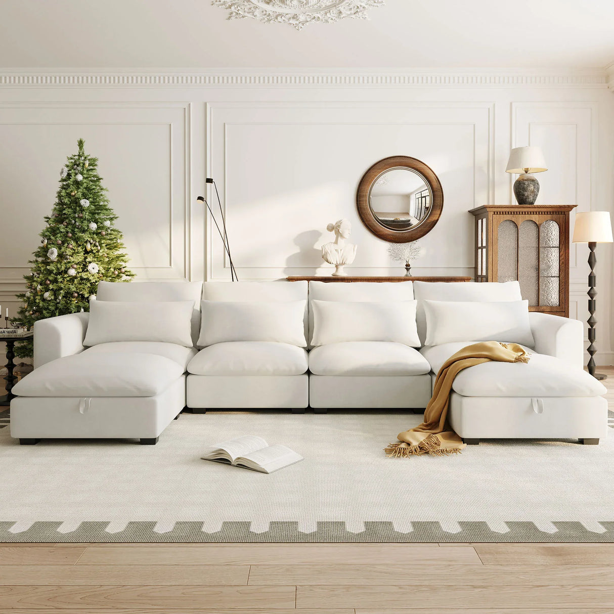 U-Shaped Modular 6-Seat Linen Blend Sofa With Ottomans - Omega Lifestyles