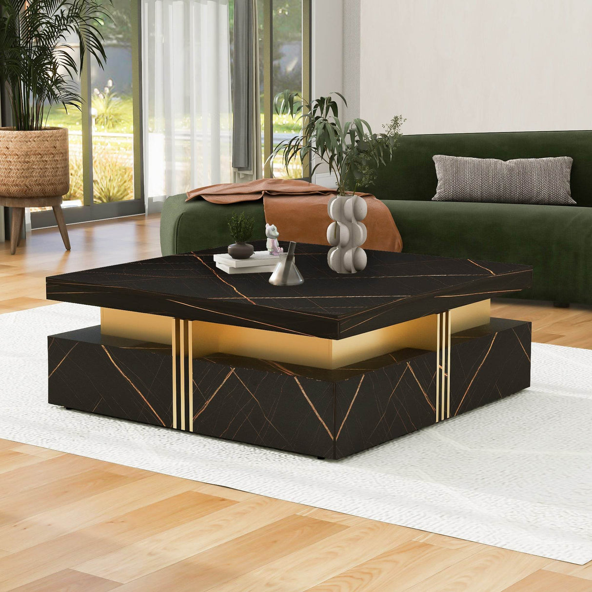 Modern Black Gold Accented Square Coffee Table With Storage - Sleep Galleria