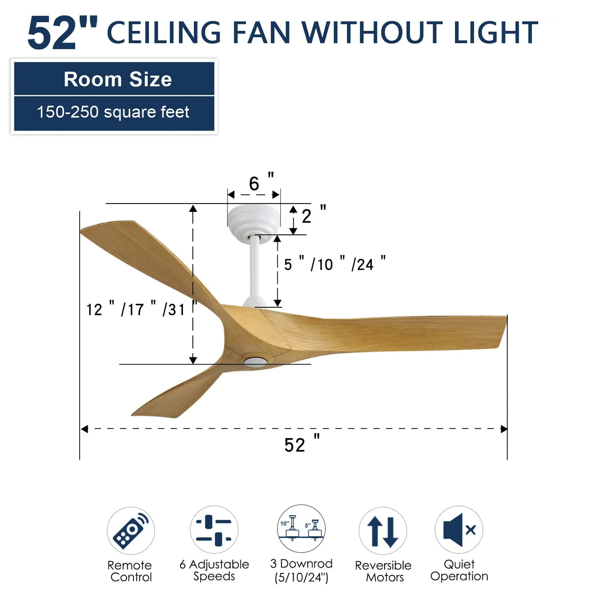 52-Inch Reversible ABS Blade Remote Control Ceiling Fan - Omega Lifestyles
