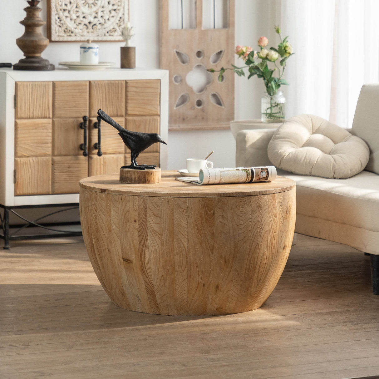 Vintage Barrel Shaped Fir Wood Storage Coffee Table - Sleep Galleria