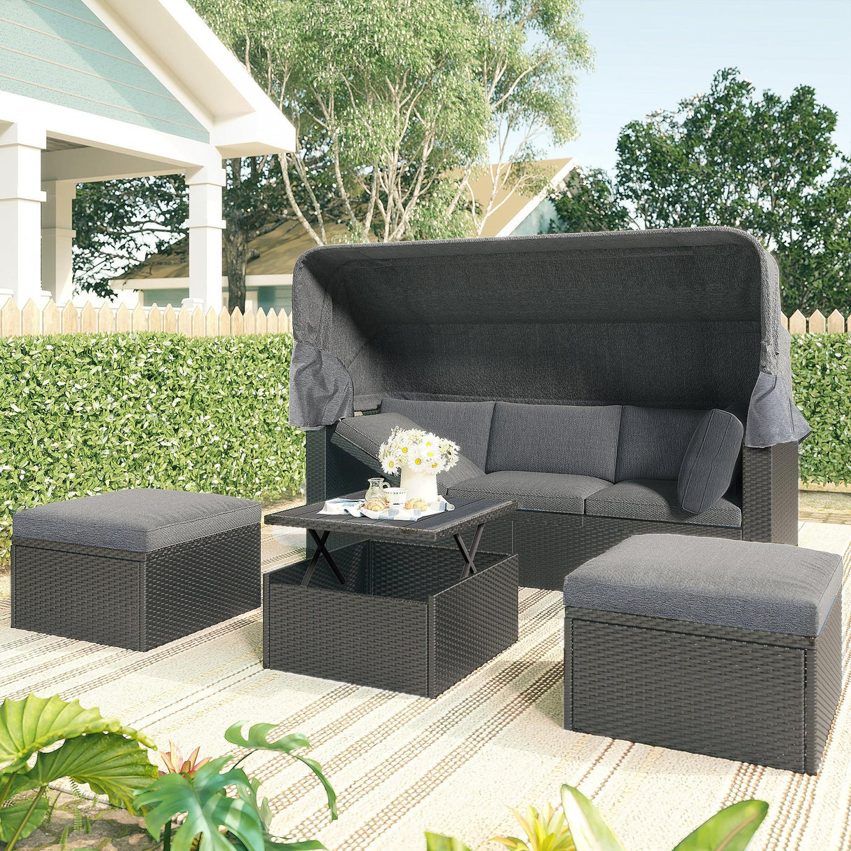 Outdoor Gray Rattan Wicker Patio Daybed With Canopy - Omega Lifestyles