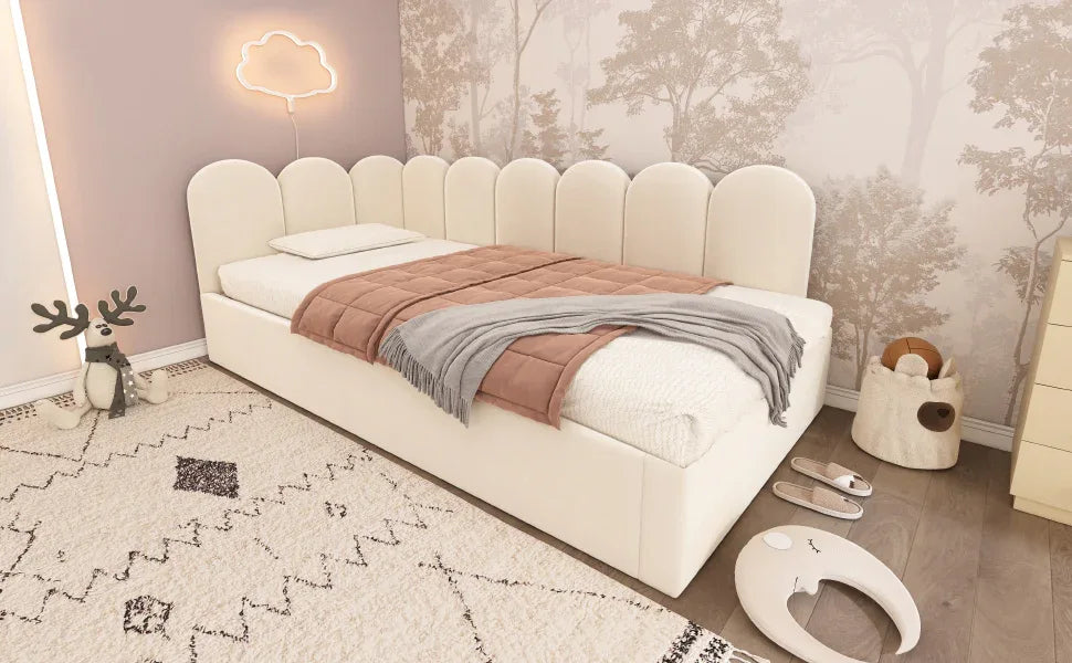 Beige Velvet L-Shaped Twin Daybed With Pull-Out Trundle - Omega Lifestyles