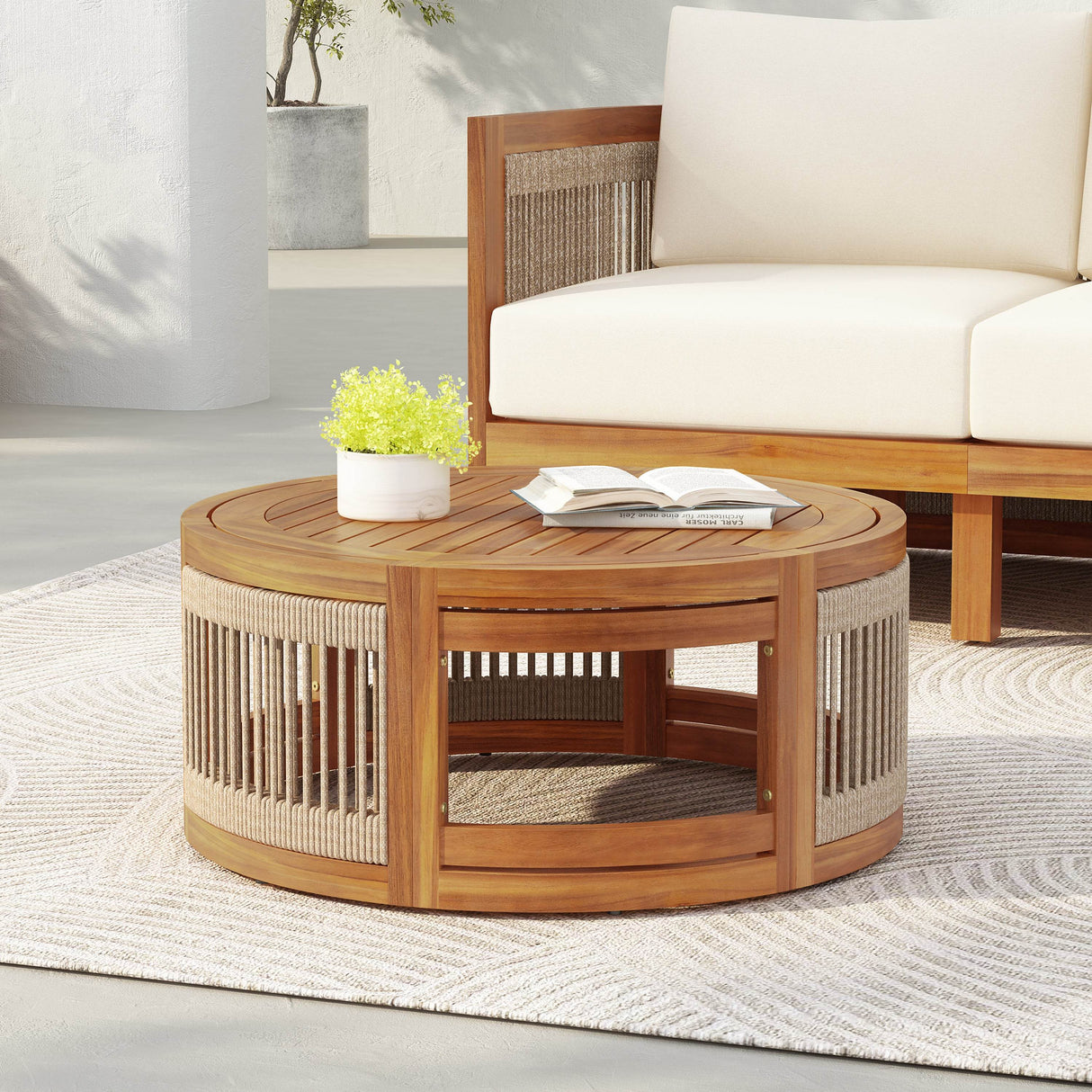 Acacia Wood Outdoor Coffee Table With Woven Rope Accents - Sleep Galleria