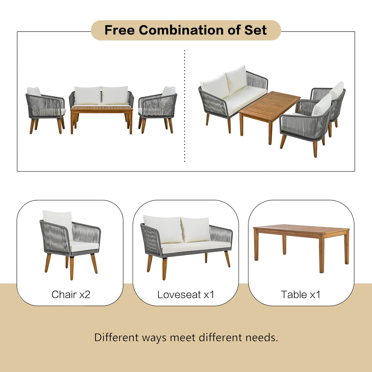 4-Piece Mid-Century Modern Woven Rope Patio Furniture Set - Omega Lifestyles