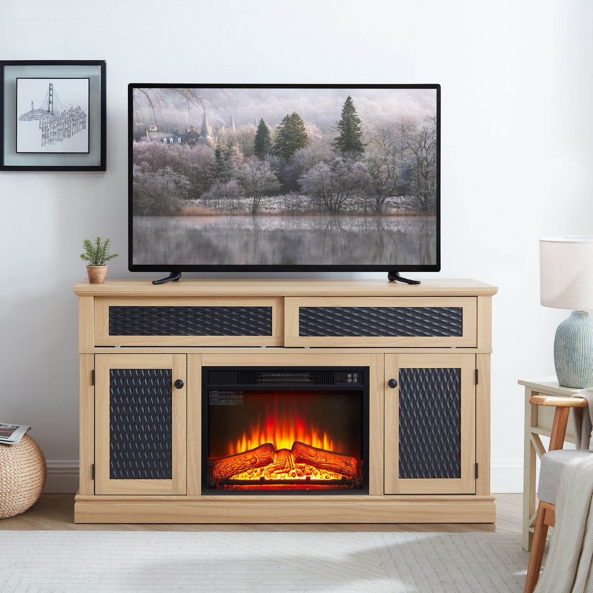 Embossed Light Oak Fireplace TV Stand Console - Sleep Galleria