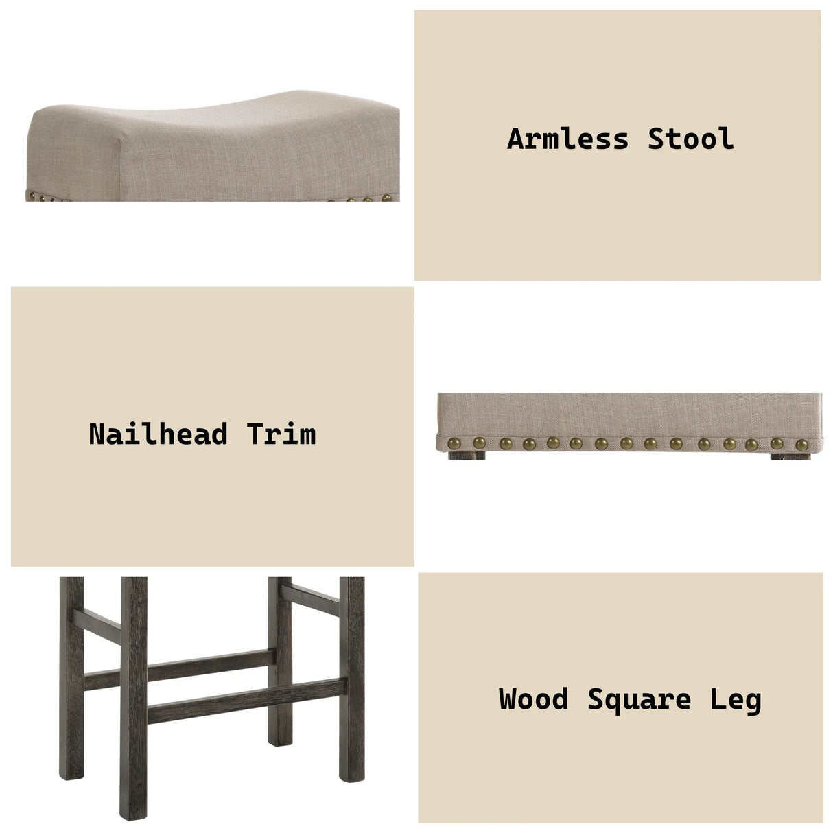 Set of 2 Tan Linen Gray Synthetic Wood Counter Height Stools - Omega Lifestyles