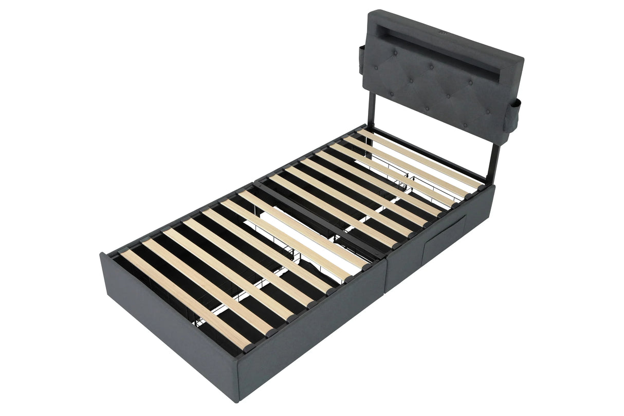 Twin Upholstered Bed Frame With Storage Drawers And USB Charging - Omega Lifestyles