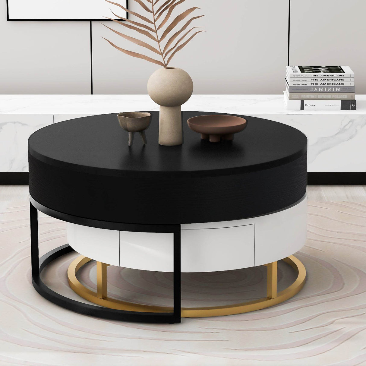 Modern Round Lift-Top Nesting Coffee Tables With Drawers - Sleep Galleria