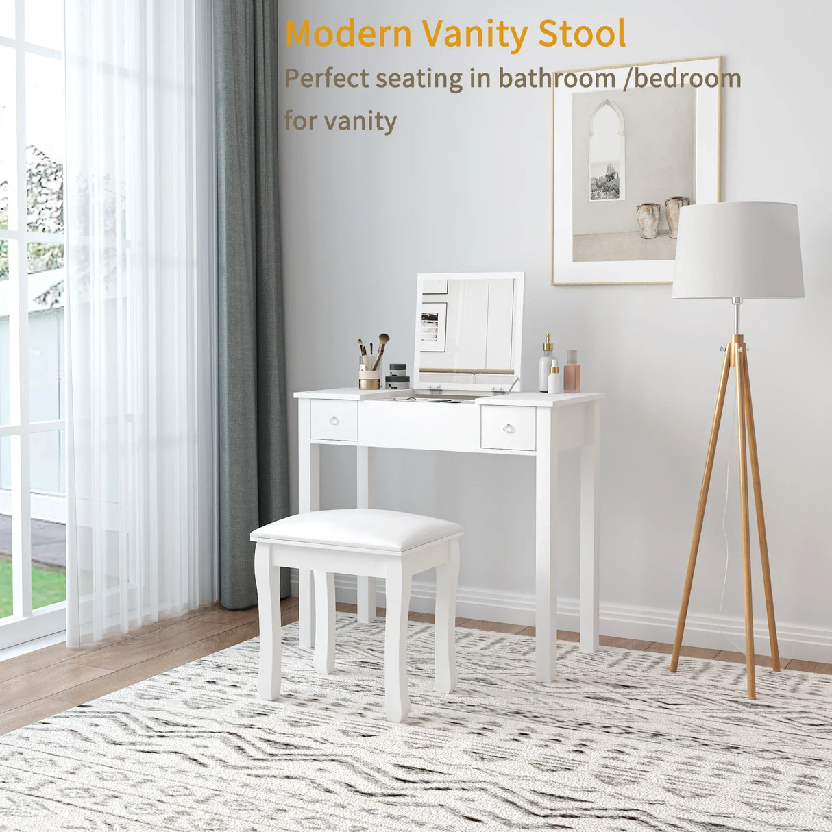 White Solid Wood Vanity Stool With Cushioned Seat - Omega Lifestyles