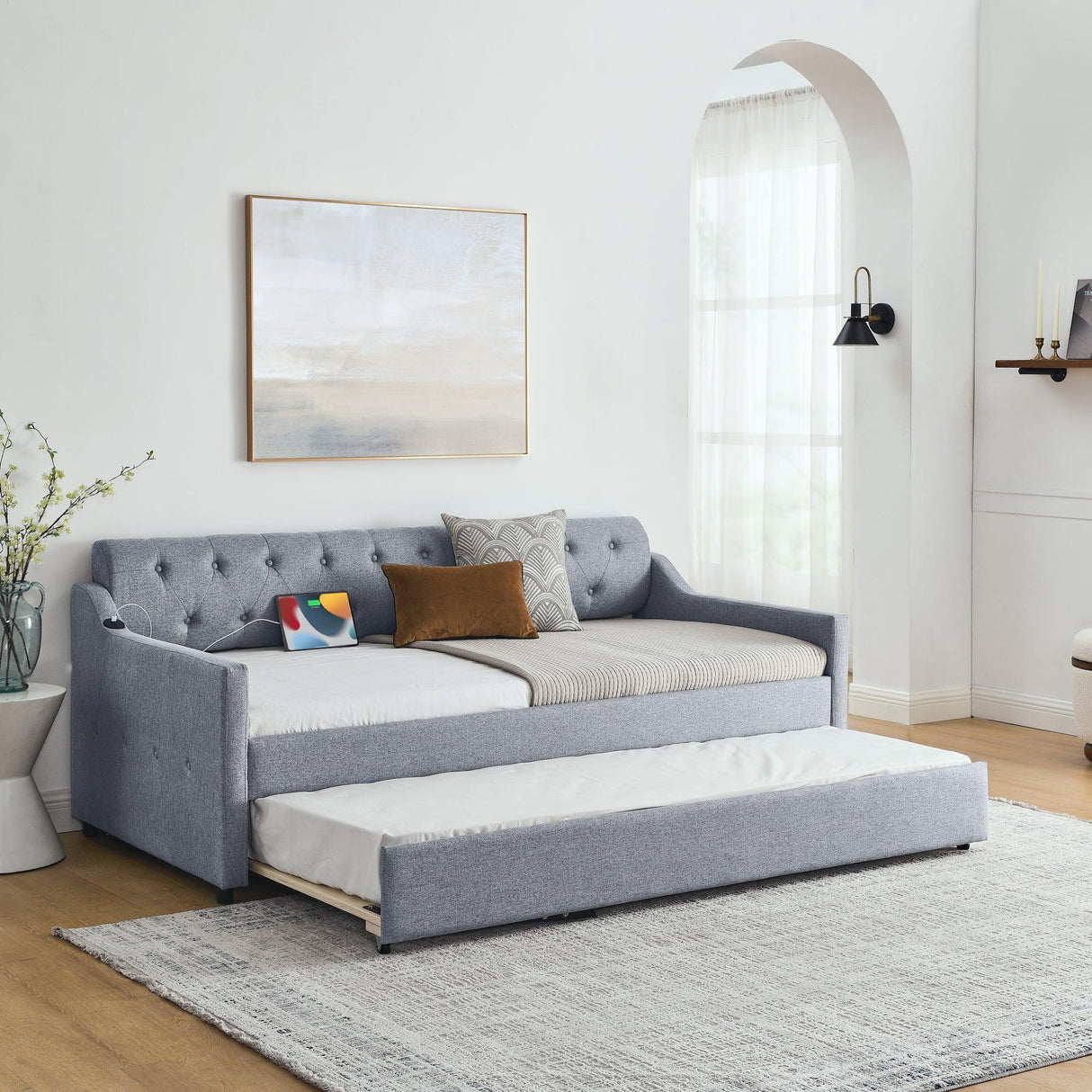 Twin Linen Upholstery Daybed With Erectable Trundle USB Charging - Omega Lifestyles