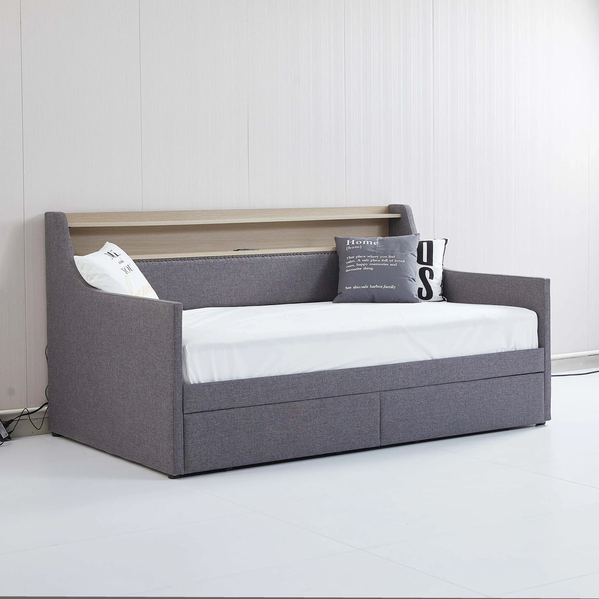 Twin Linen Upholstered Daybed With Storage Drawers Charging Station - Omega Lifestyles
