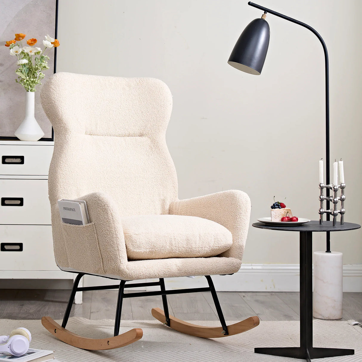 Beige Cotton Upholstered Ergonomic Rocking Chair - Omega Lifestyles