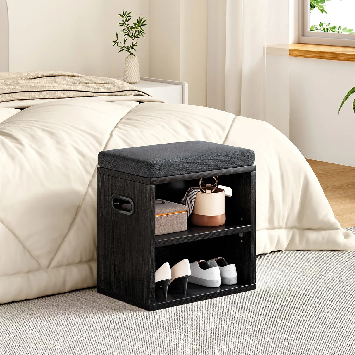 Wooden Entryway Storage Shoe Bench With Cushion Seating - Omega Lifestyles