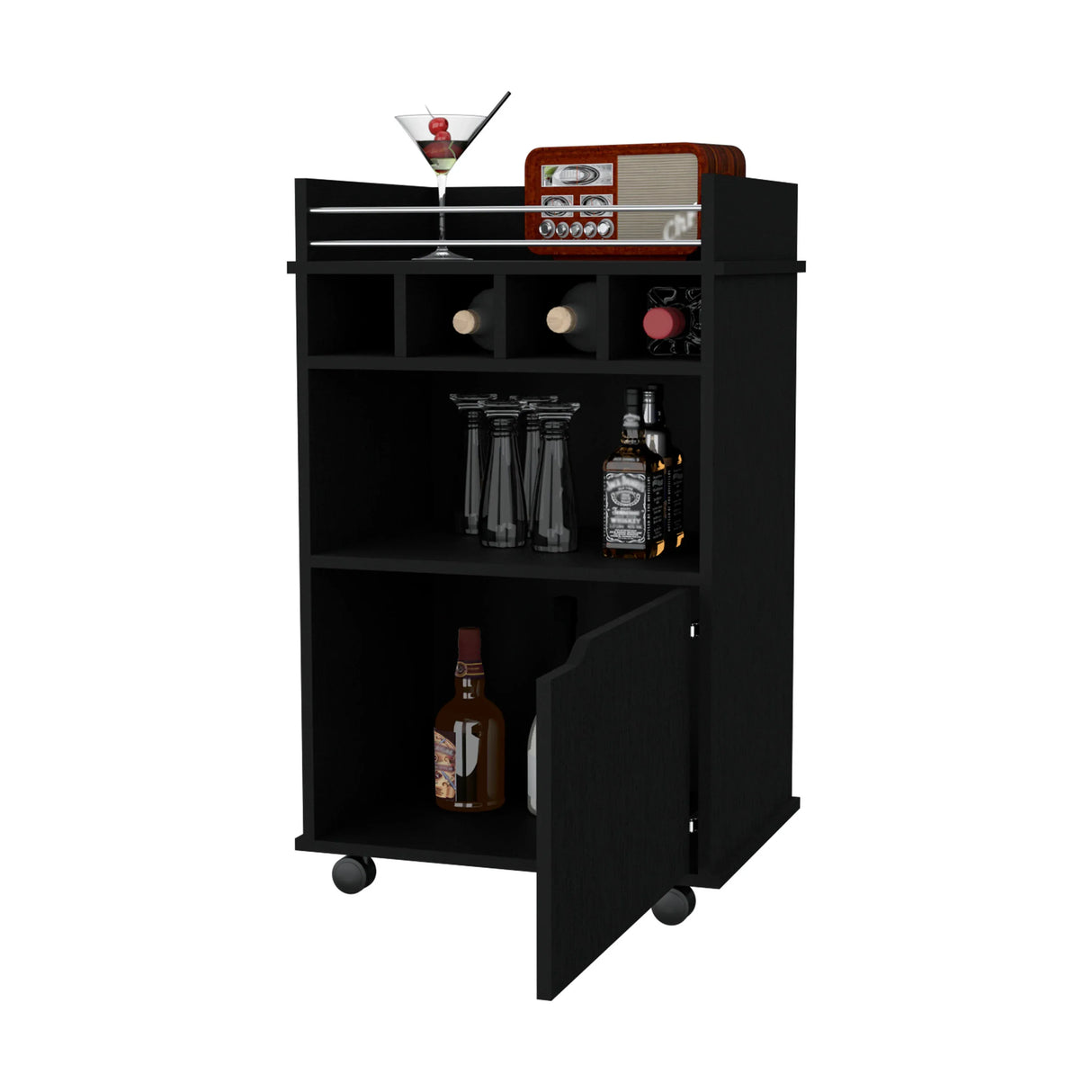 Modern Black Particle Board Bar Cart With Wine Rack - Omega Lifestyles