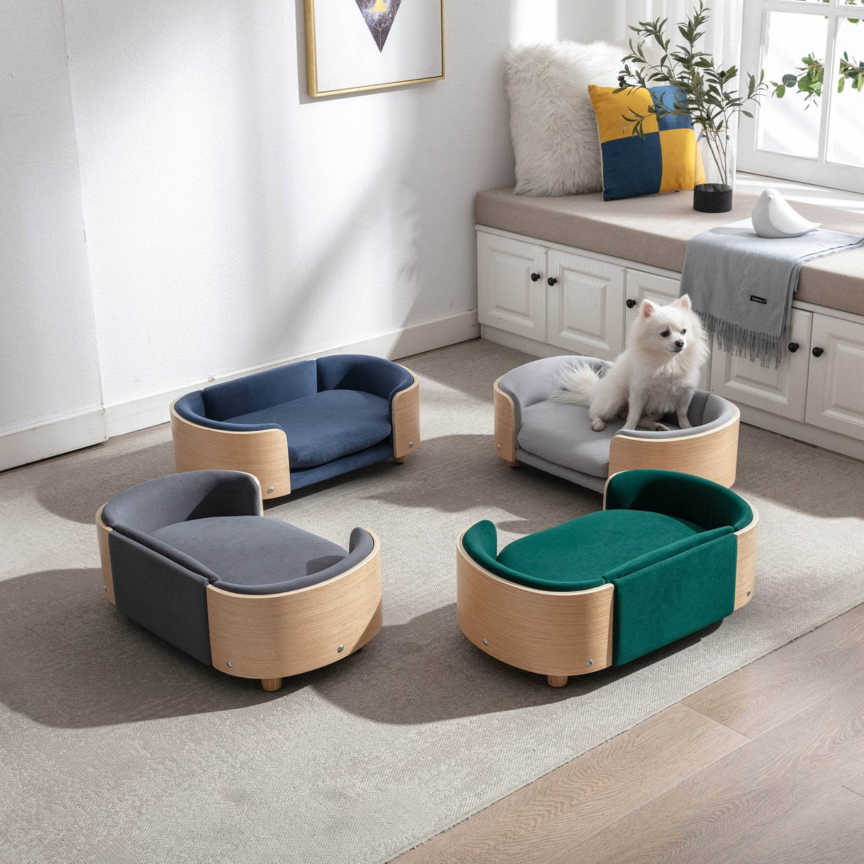 Scandinavian Style Solid Wood Elevated Pet Bed With Velvet Cushion - Sleep Galleria
