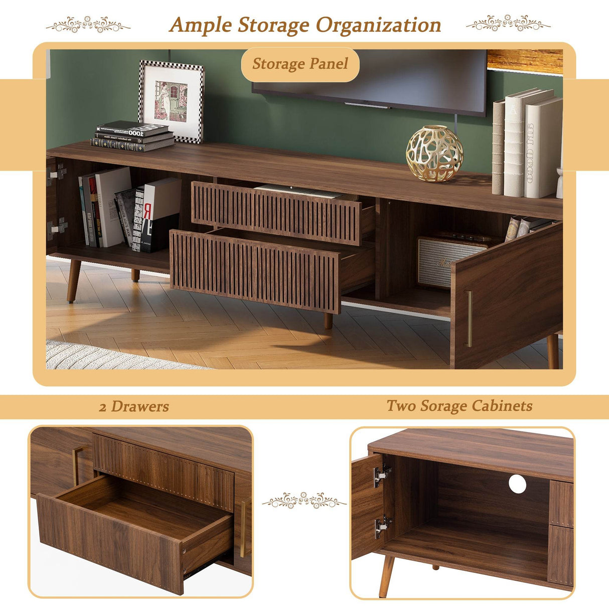 Mid Century Modern Walnut Wood TV Stand With Storage - Sleep Galleria