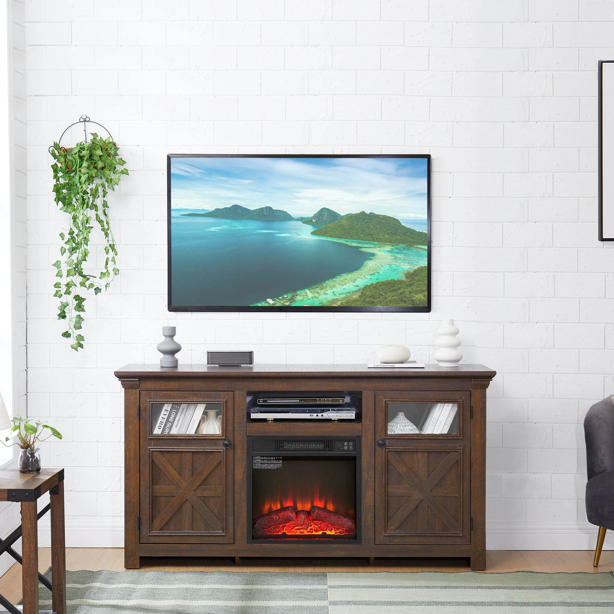 Farmhouse Espresso TV Stand With Fireplace Insert - Sleep Galleria