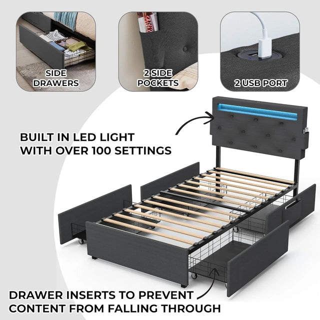 Twin Upholstered Bed Frame With Storage Drawers And USB Charging - Omega Lifestyles