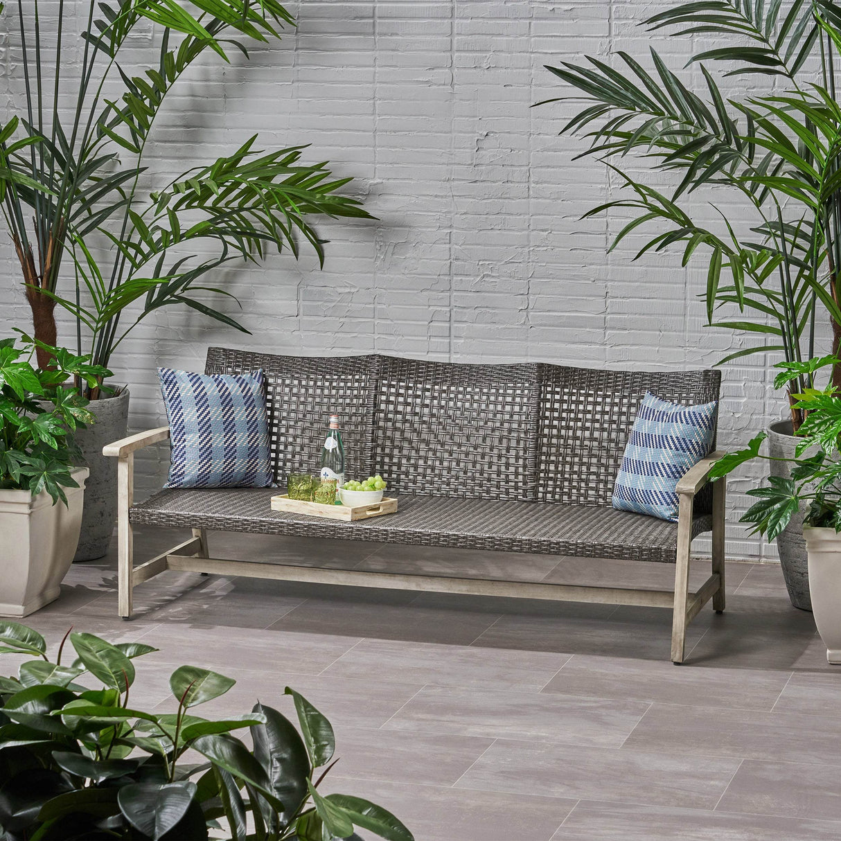 Outdoor Acacia Wood Wicker 3-Seater Patio Sofa