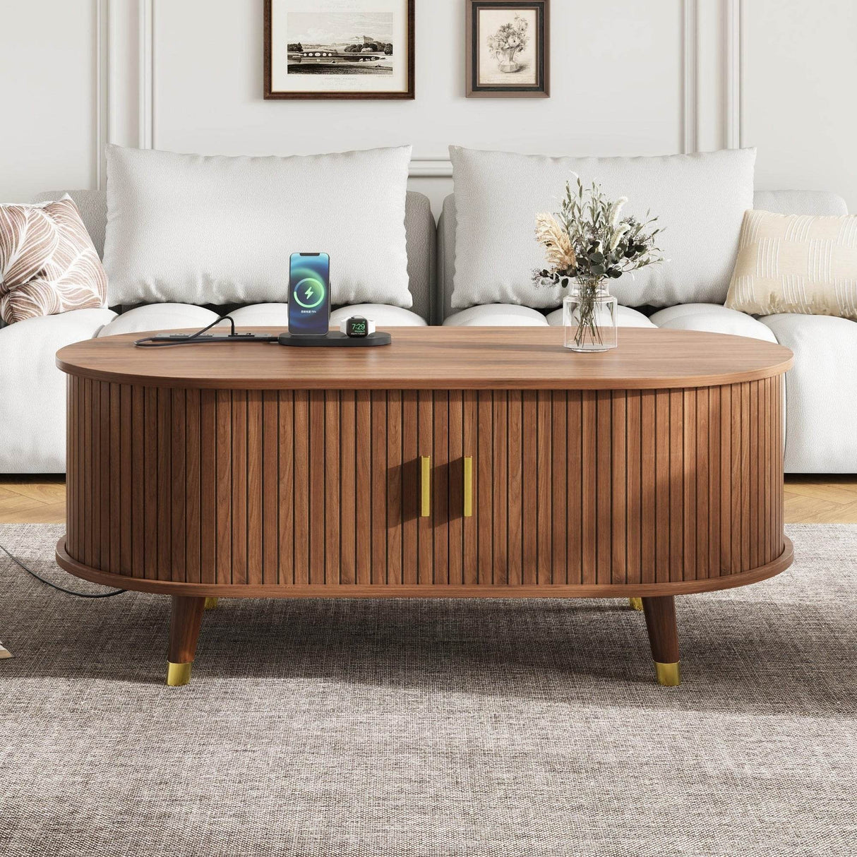 Mid-Century Modern Walnut Coffee Table With Charging Station - Sleep Galleria