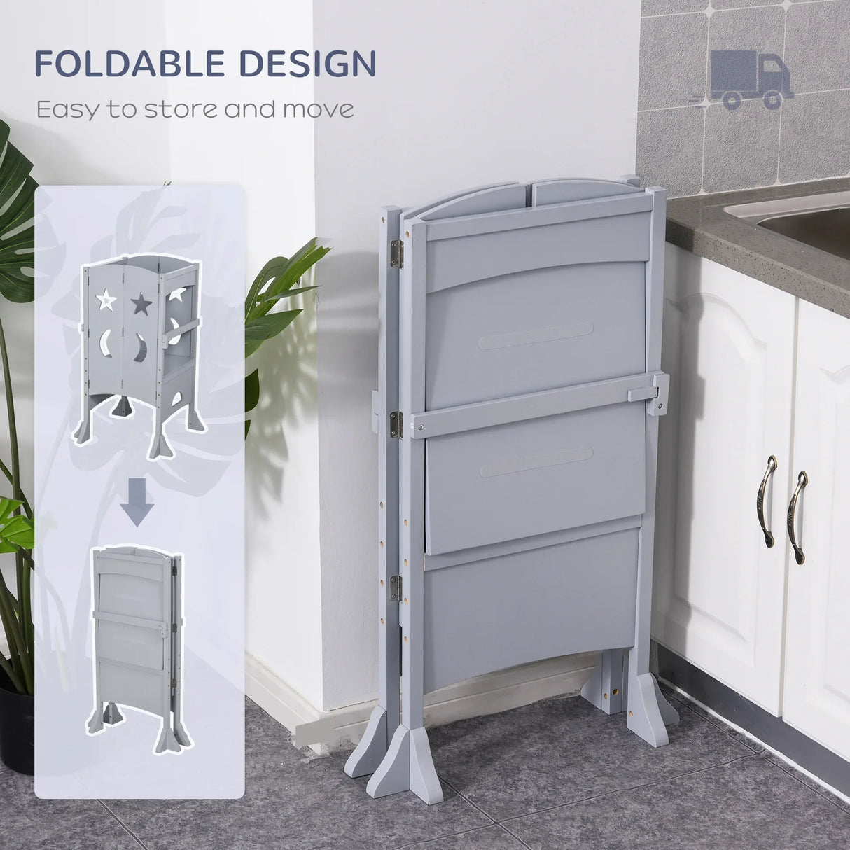 Foldable Wooden Kids Kitchen Step Stool With Safety Rail - Omega Lifestyles