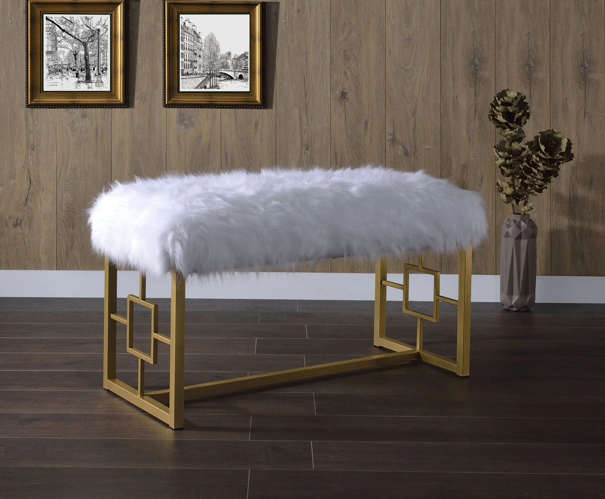 White Faux Fur Upholstered Metal Armless Lounge Bench - Omega Lifestyles