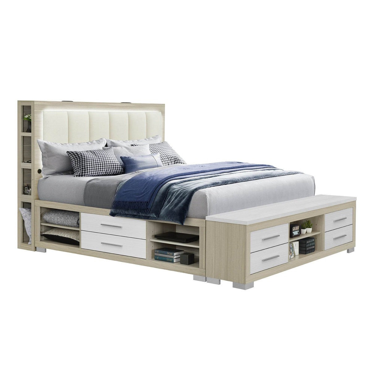 Modern Rubber Wood King Bed Frame With Storage And LED Lighting