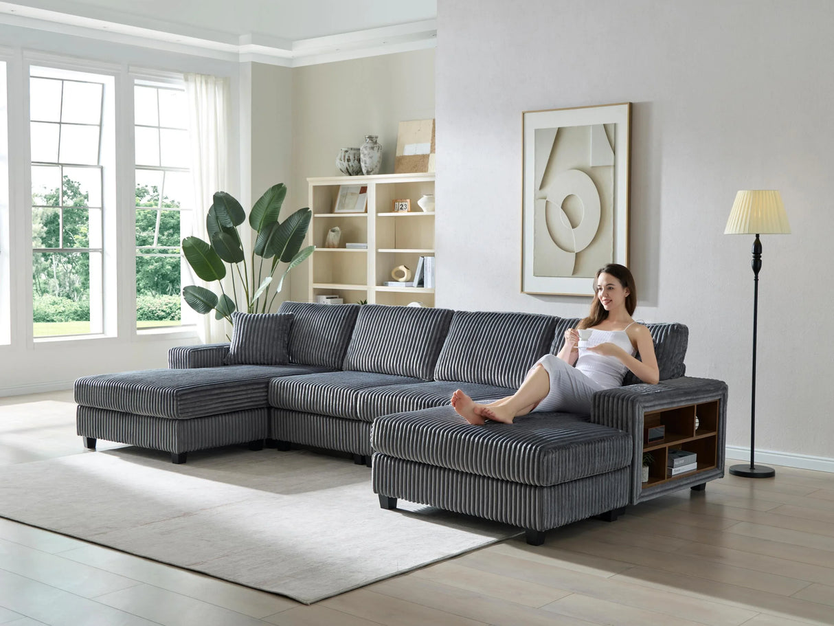 Modern Convertible U-Shaped Corduroy Fabric Sofa - Omega Lifestyles