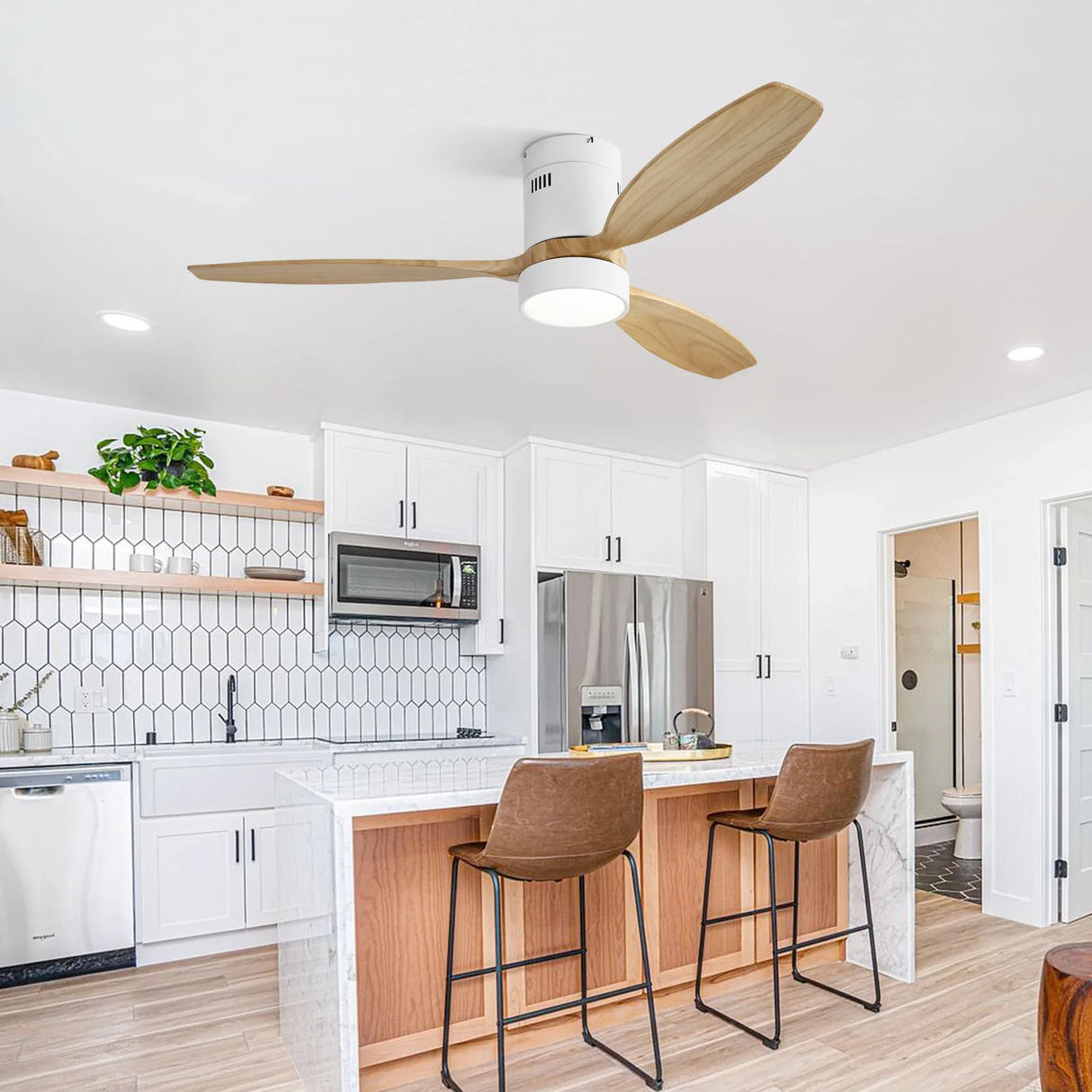 52-Inch Modern Wooden Flush Mount Ceiling Fan With Light - Omega Lifestyles