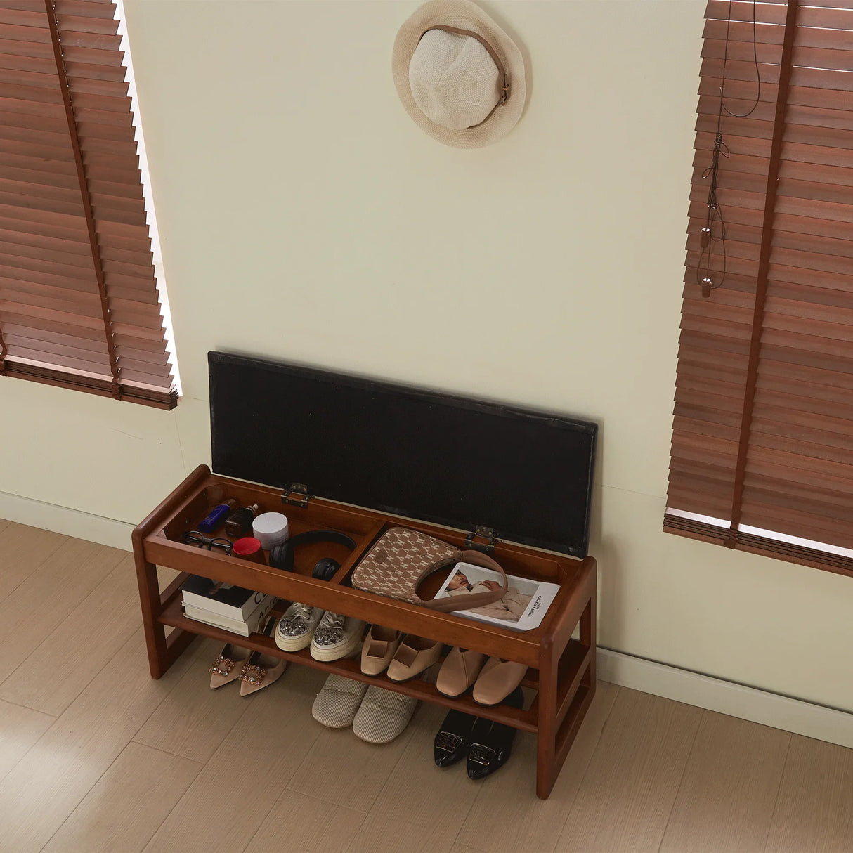 Walnut Rubber Wood Shoe Stool With Flip-Top Storage Bench - Omega Lifestyles